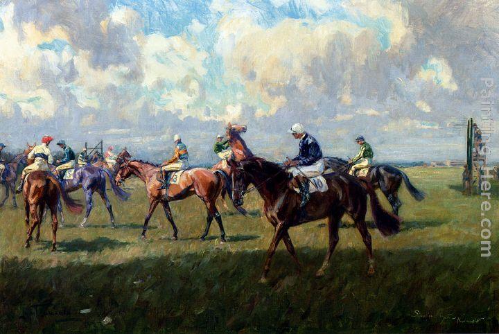 Lionel Edwards Lord Woolavington's Montrose And Lord Derby's Highlander At The Start Of The Free Handicap At Newmarket, April 6, 1933